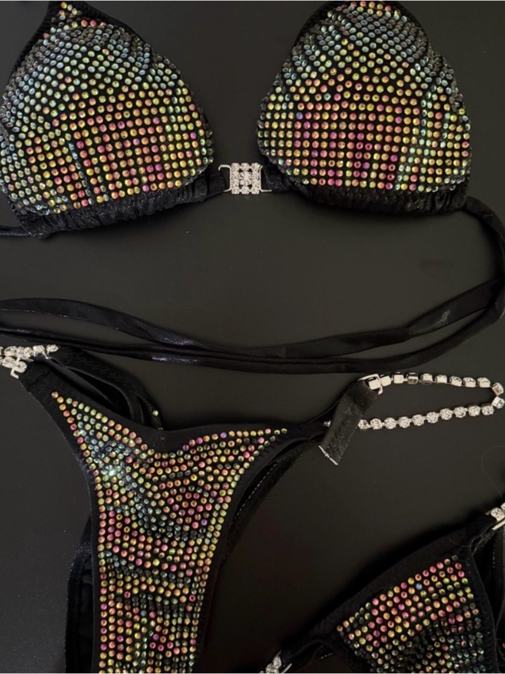 Black competition Bikini Set with Multicolor Iridescent Rhinestones